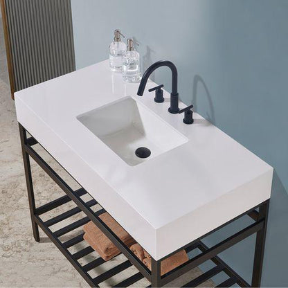 Altair Edolo 42" Matte Black Single Stainless Steel Bathroom Vanity Set Console With Snow White Stone Top, Single Rectangular Undermount Ceramic Sink, and Safety Overflow Hole