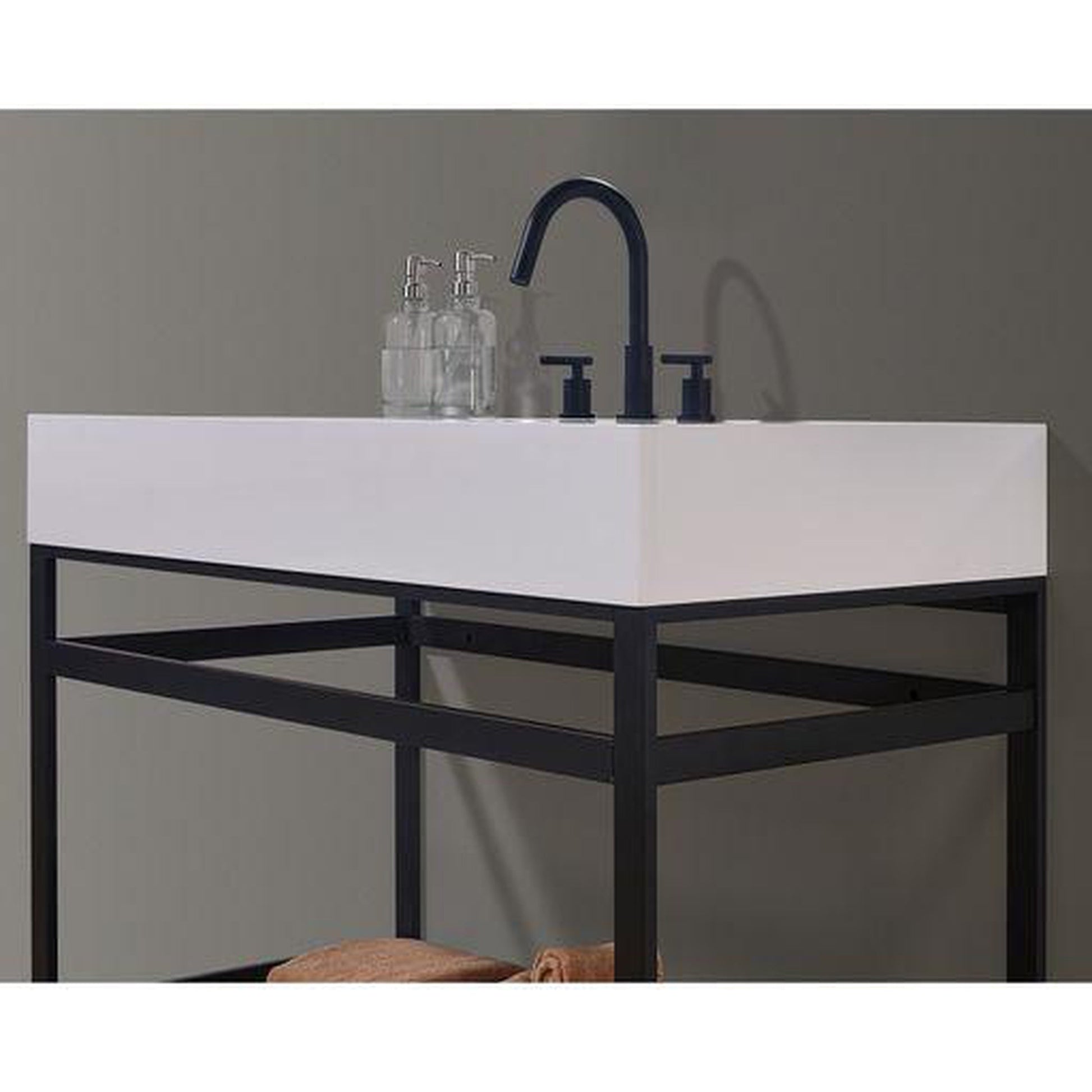Altair Edolo 42" Matte Black Single Stainless Steel Bathroom Vanity Set Console With Snow White Stone Top, Single Rectangular Undermount Ceramic Sink, and Safety Overflow Hole