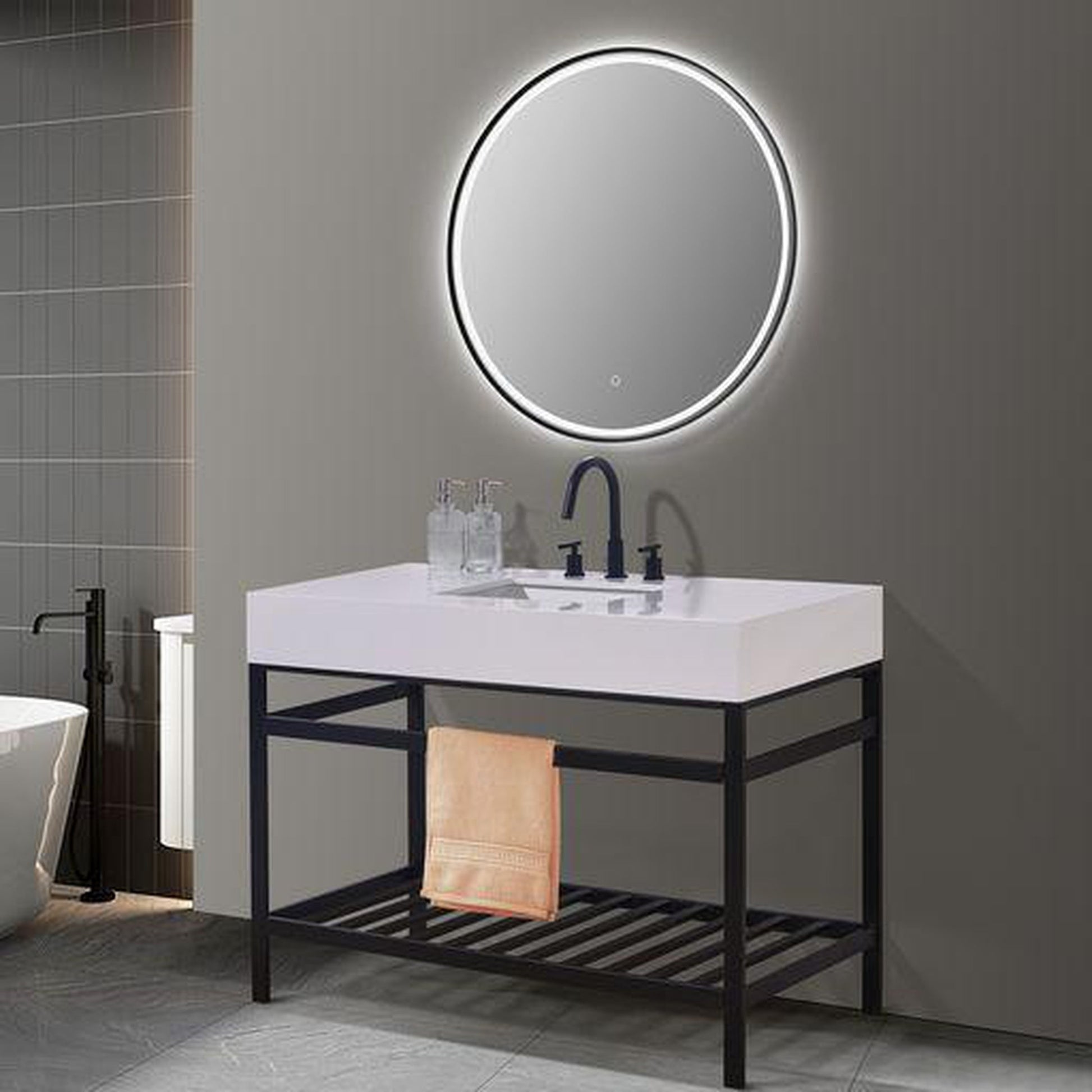 Altair Edolo 48" Matte Black Single Stainless Steel Bathroom Vanity Set Console With Mirror, Snow White Stone Top, Single Rectangular Undermount Ceramic Sink, and Safety Overflow Hole