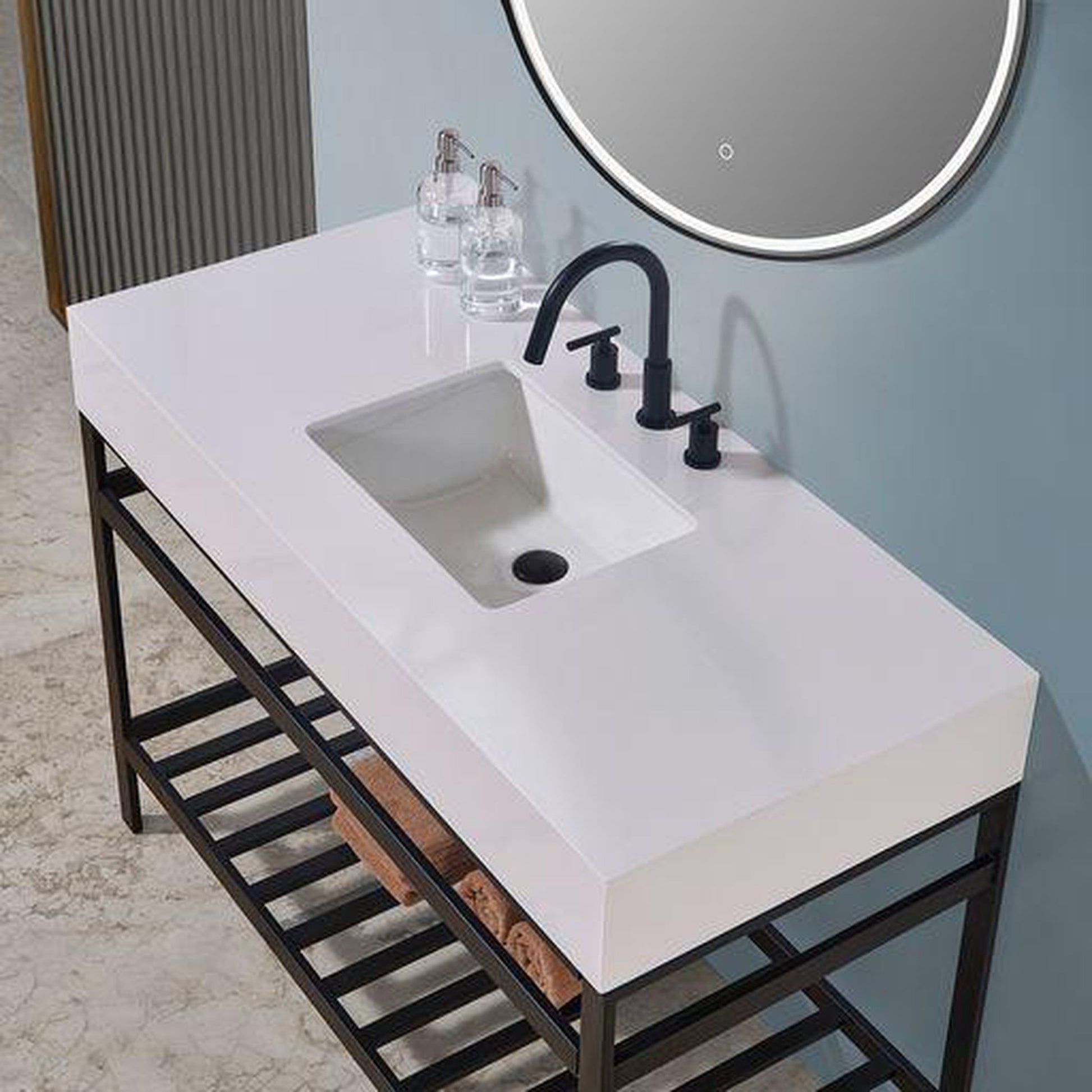 Altair Edolo 48" Matte Black Single Stainless Steel Bathroom Vanity Set Console With Mirror, Snow White Stone Top, Single Rectangular Undermount Ceramic Sink, and Safety Overflow Hole