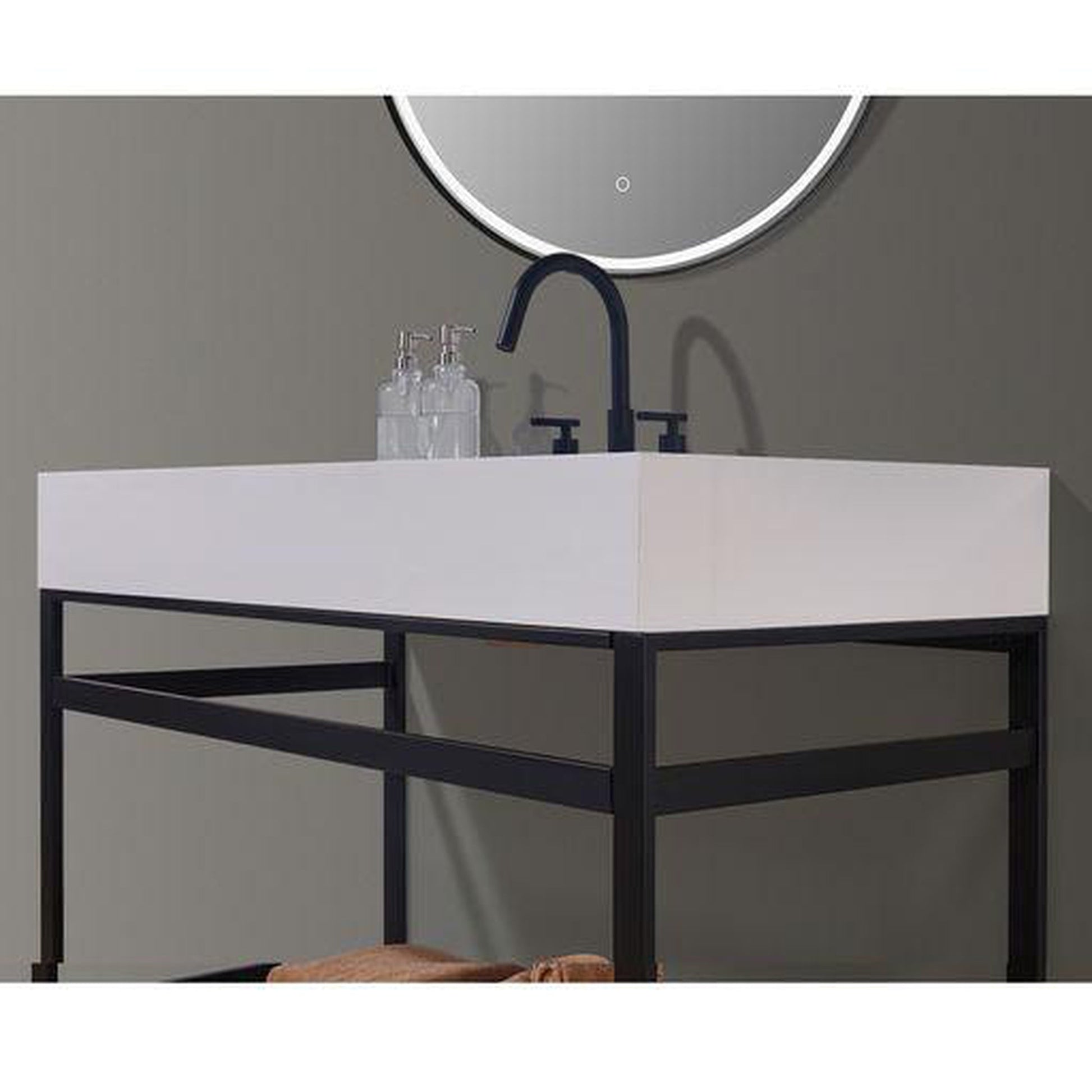 Altair Edolo 48" Matte Black Single Stainless Steel Bathroom Vanity Set Console With Mirror, Snow White Stone Top, Single Rectangular Undermount Ceramic Sink, and Safety Overflow Hole