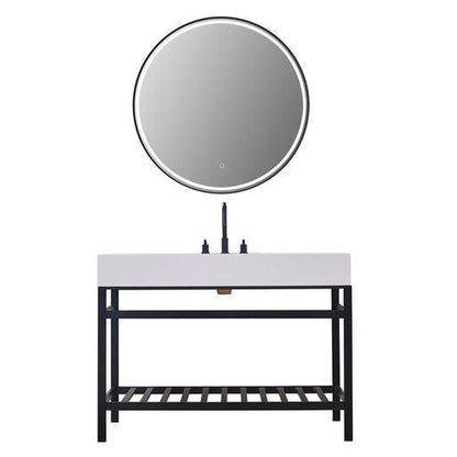 Altair Edolo 48" Matte Black Single Stainless Steel Bathroom Vanity Set Console With Mirror, Snow White Stone Top, Single Rectangular Undermount Ceramic Sink, and Safety Overflow Hole