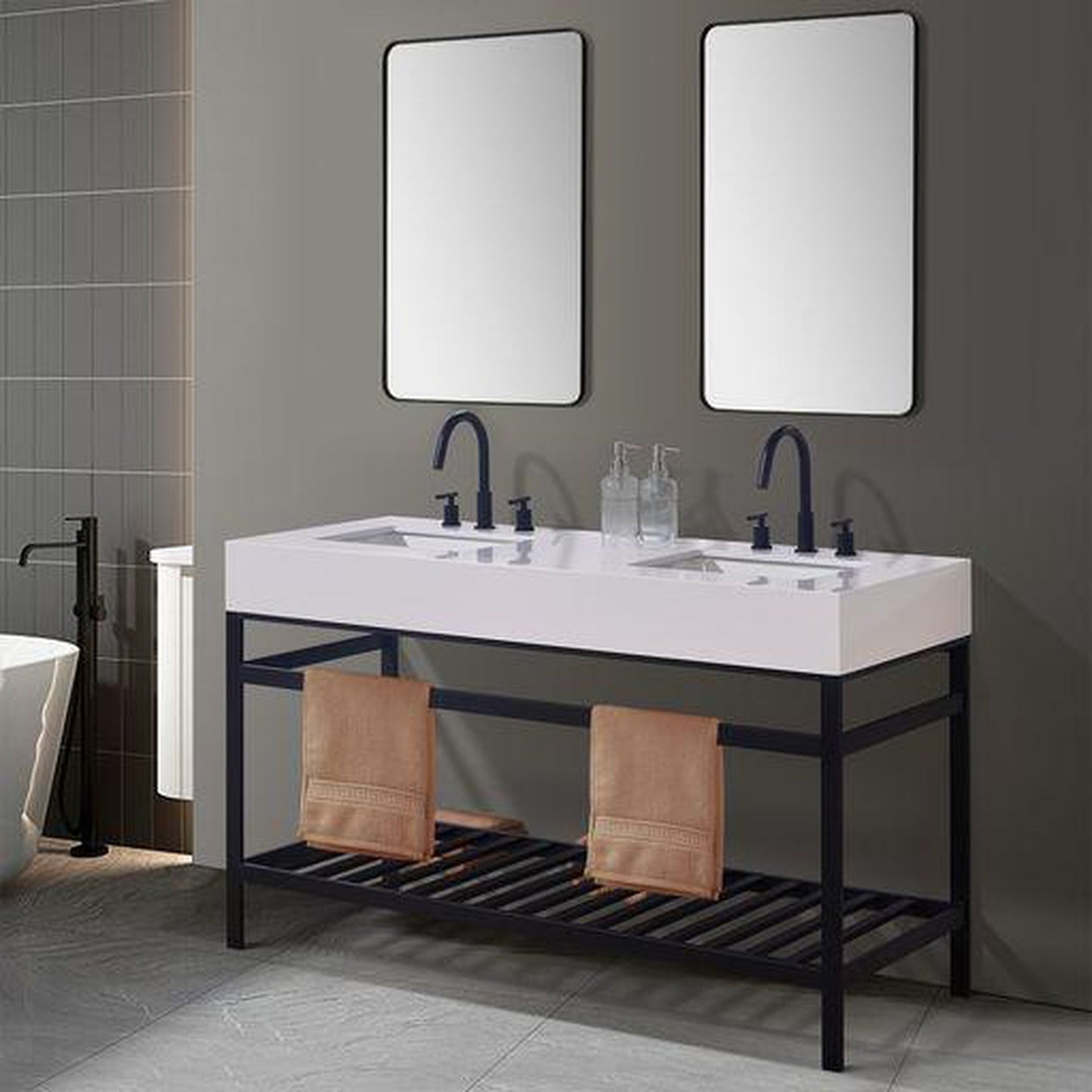 Altair Edolo 60" Matte Black Double Stainless Steel Bathroom Vanity Set Console With Mirror, Snow White Stone Top, Two Rectangular Undermount Ceramic Sinks, and Safety Overflow Hole