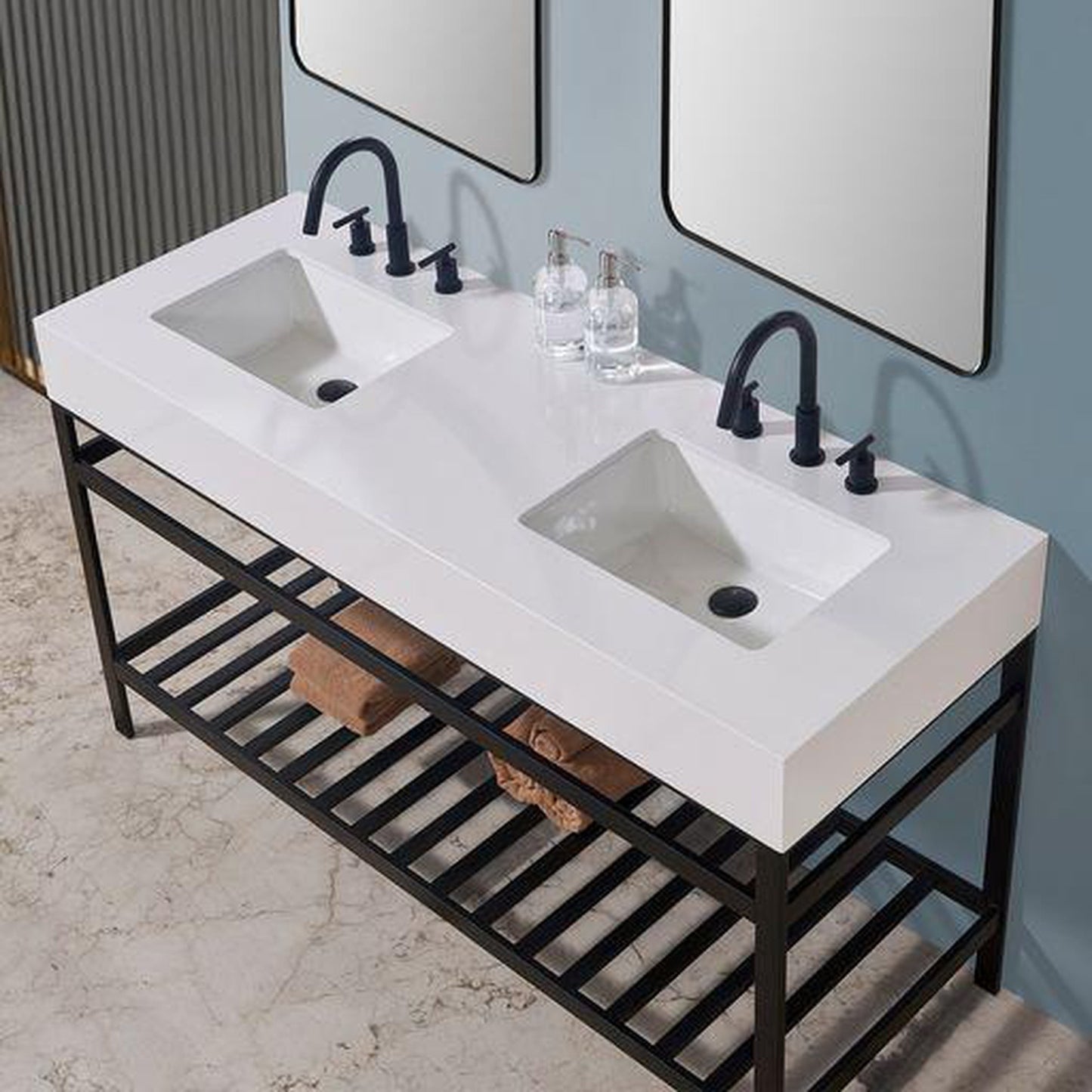 Altair Edolo 60" Matte Black Double Stainless Steel Bathroom Vanity Set Console With Mirror, Snow White Stone Top, Two Rectangular Undermount Ceramic Sinks, and Safety Overflow Hole