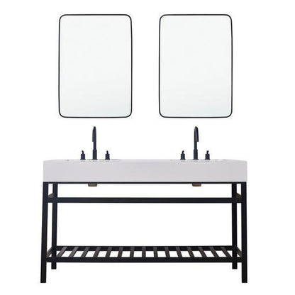 Altair Edolo 60" Matte Black Double Stainless Steel Bathroom Vanity Set Console With Mirror, Snow White Stone Top, Two Rectangular Undermount Ceramic Sinks, and Safety Overflow Hole