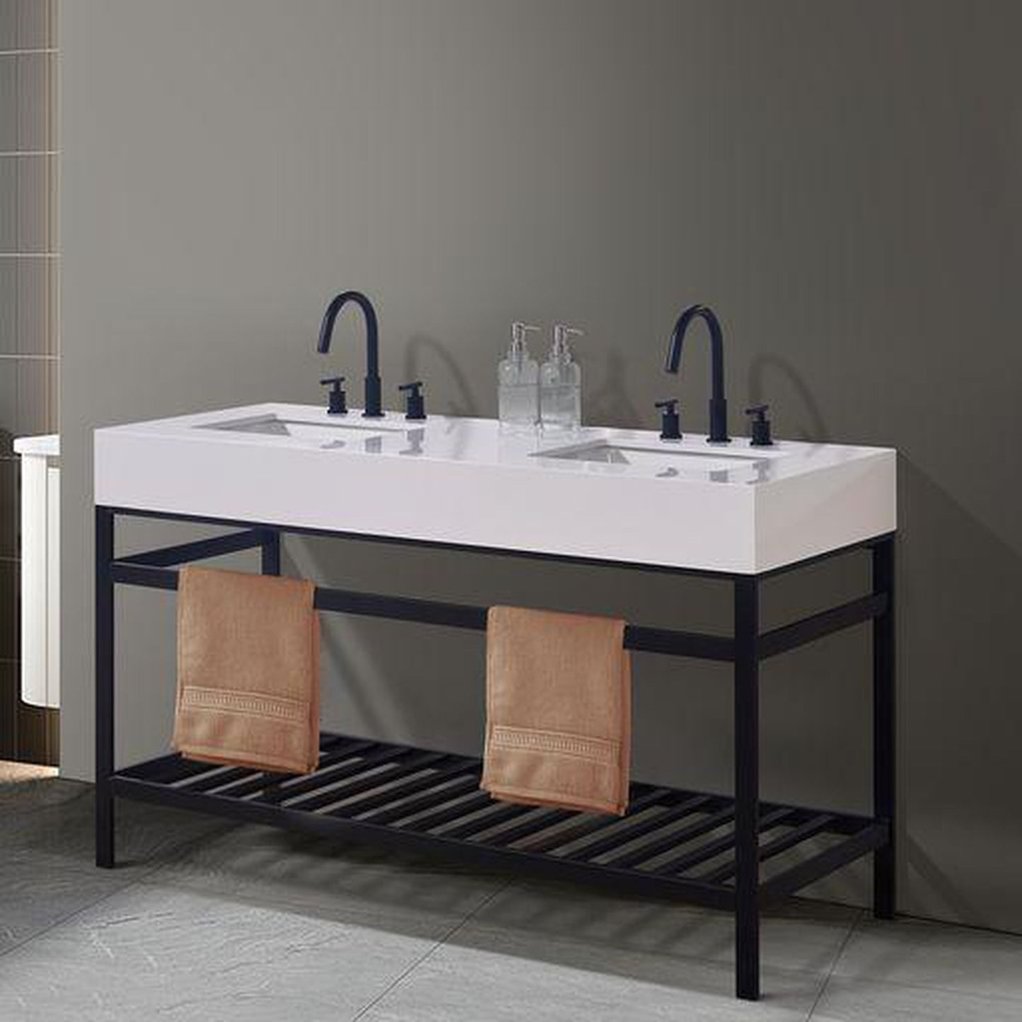 Altair Edolo 60" Matte Black Double Stainless Steel Bathroom Vanity Set Console With Snow White Stone Top, Two Rectangular Undermount Ceramic Sinks, and Safety Overflow Hole