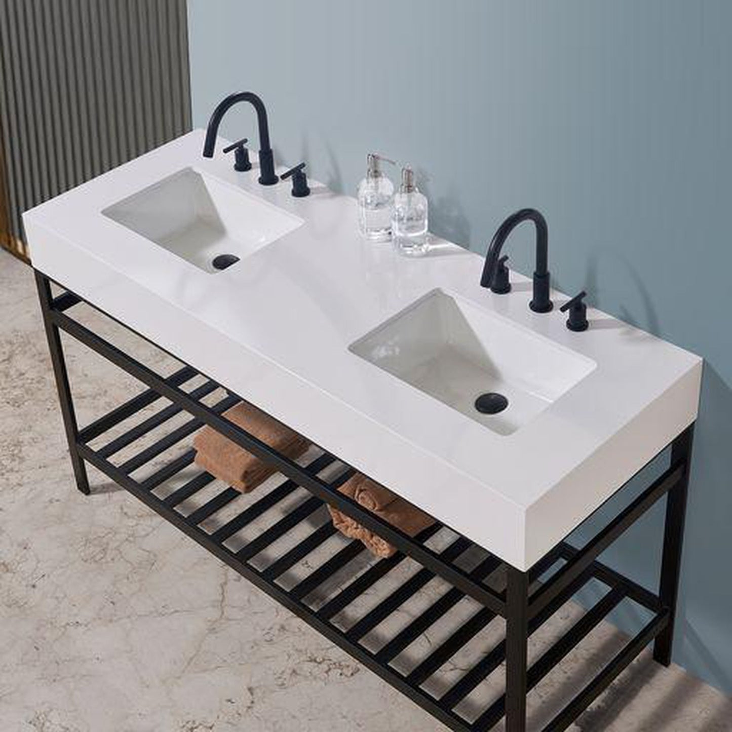 Altair Edolo 60" Matte Black Double Stainless Steel Bathroom Vanity Set Console With Snow White Stone Top, Two Rectangular Undermount Ceramic Sinks, and Safety Overflow Hole