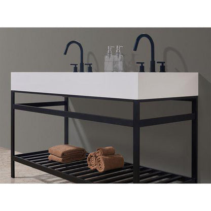 Altair Edolo 60" Matte Black Double Stainless Steel Bathroom Vanity Set Console With Snow White Stone Top, Two Rectangular Undermount Ceramic Sinks, and Safety Overflow Hole