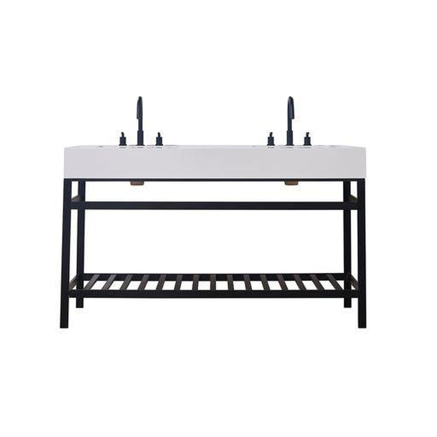 Altair Edolo 60" Matte Black Double Stainless Steel Bathroom Vanity Set Console With Snow White Stone Top, Two Rectangular Undermount Ceramic Sinks, and Safety Overflow Hole