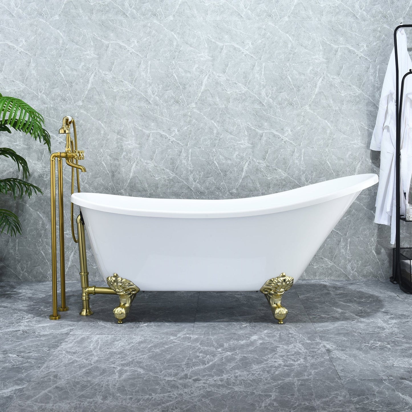 Altair Fandi 64" x 28" White Acrylic Clawfoot Bathtub With Brushed Brass Drain and Overflow