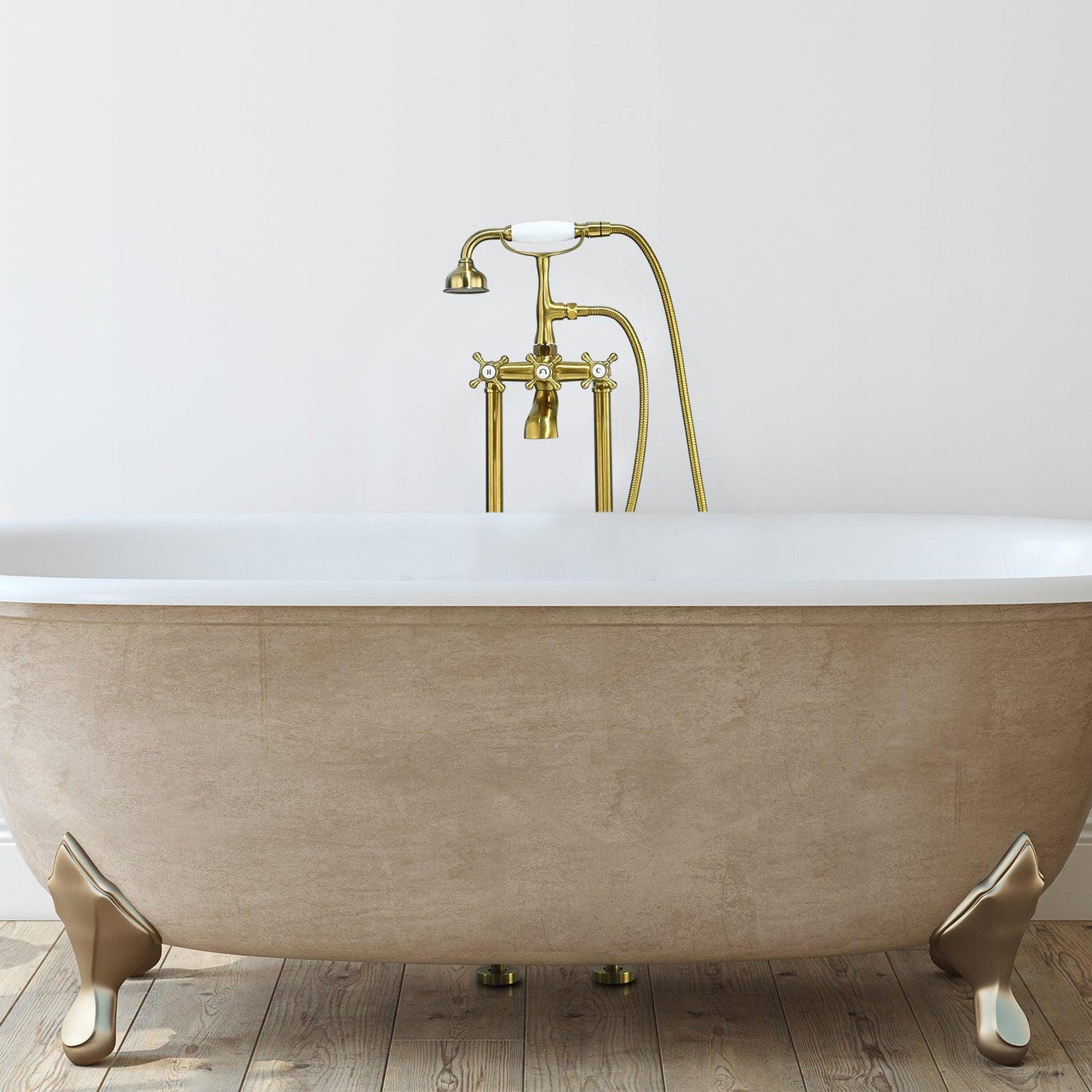 Altair Forcé Brushed Gold Vintage Style Cross Handle Claw Foot Freestanding Bathtub Faucet With Handshower