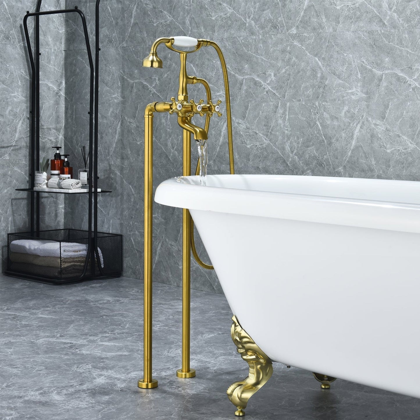 Altair Forcé Brushed Gold Vintage Style Cross Handle Claw Foot Freestanding Bathtub Faucet With Handshower