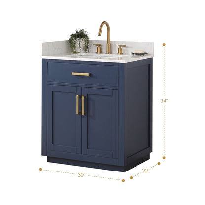 Altair Gavino 30" Royal Blue Freestanding Single Bathroom Vanity Set With Grain White Composite Stone Top, Single Rectangular Undermount Ceramic Sink, Overflow, Sidesplash, and Backsplash