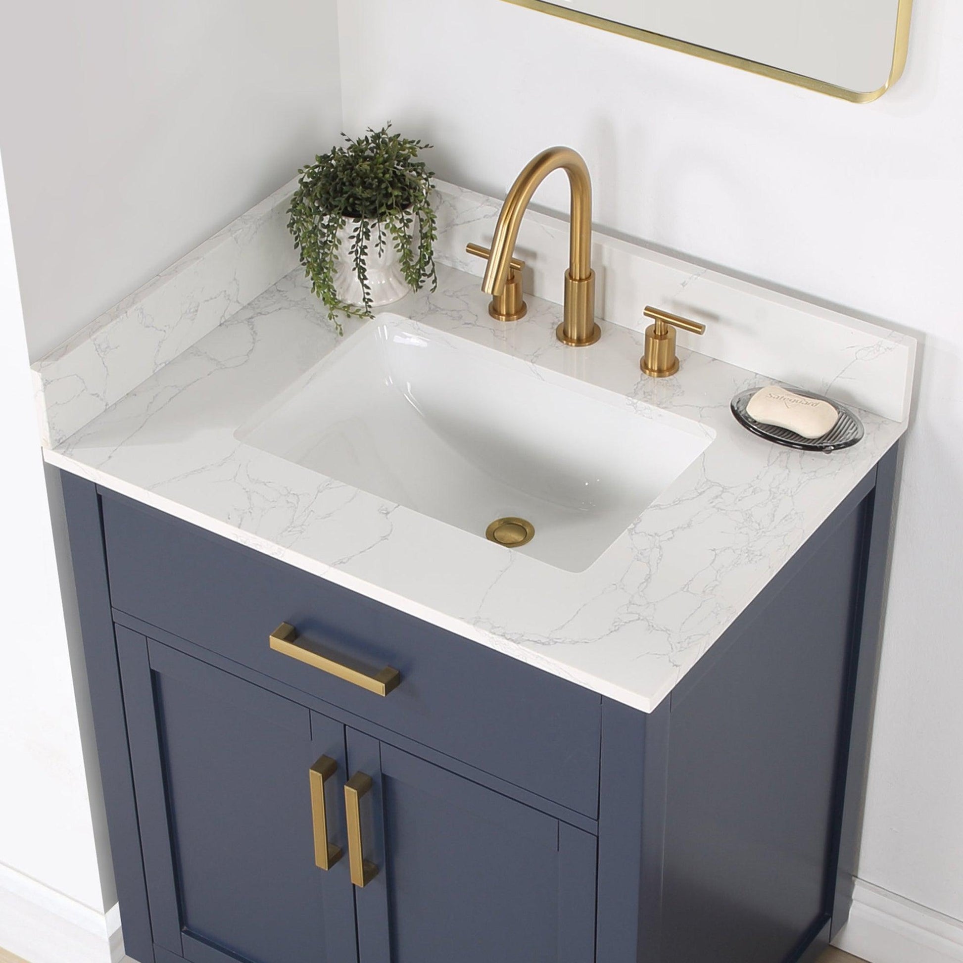 Altair Gavino 30" Royal Blue Freestanding Single Bathroom Vanity Set With Grain White Composite Stone Top, Single Rectangular Undermount Ceramic Sink, Overflow, Sidesplash, and Backsplash