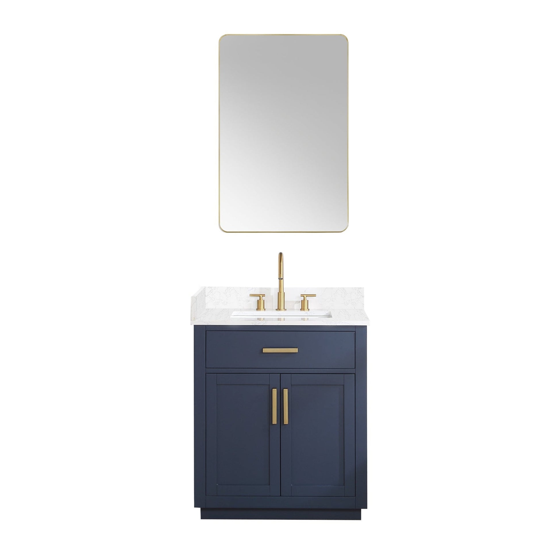 Altair Gavino 30" Royal Blue Freestanding Single Bathroom Vanity Set With Mirror, Grain White Composite Stone Top, Single Rectangular Undermount Ceramic Sink, Overflow, Sidesplash, and Backsplash