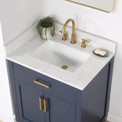 Altair Gavino 30" Royal Blue Freestanding Single Bathroom Vanity Set With Mirror, Grain White Composite Stone Top, Single Rectangular Undermount Ceramic Sink, Overflow, Sidesplash, and Backsplash