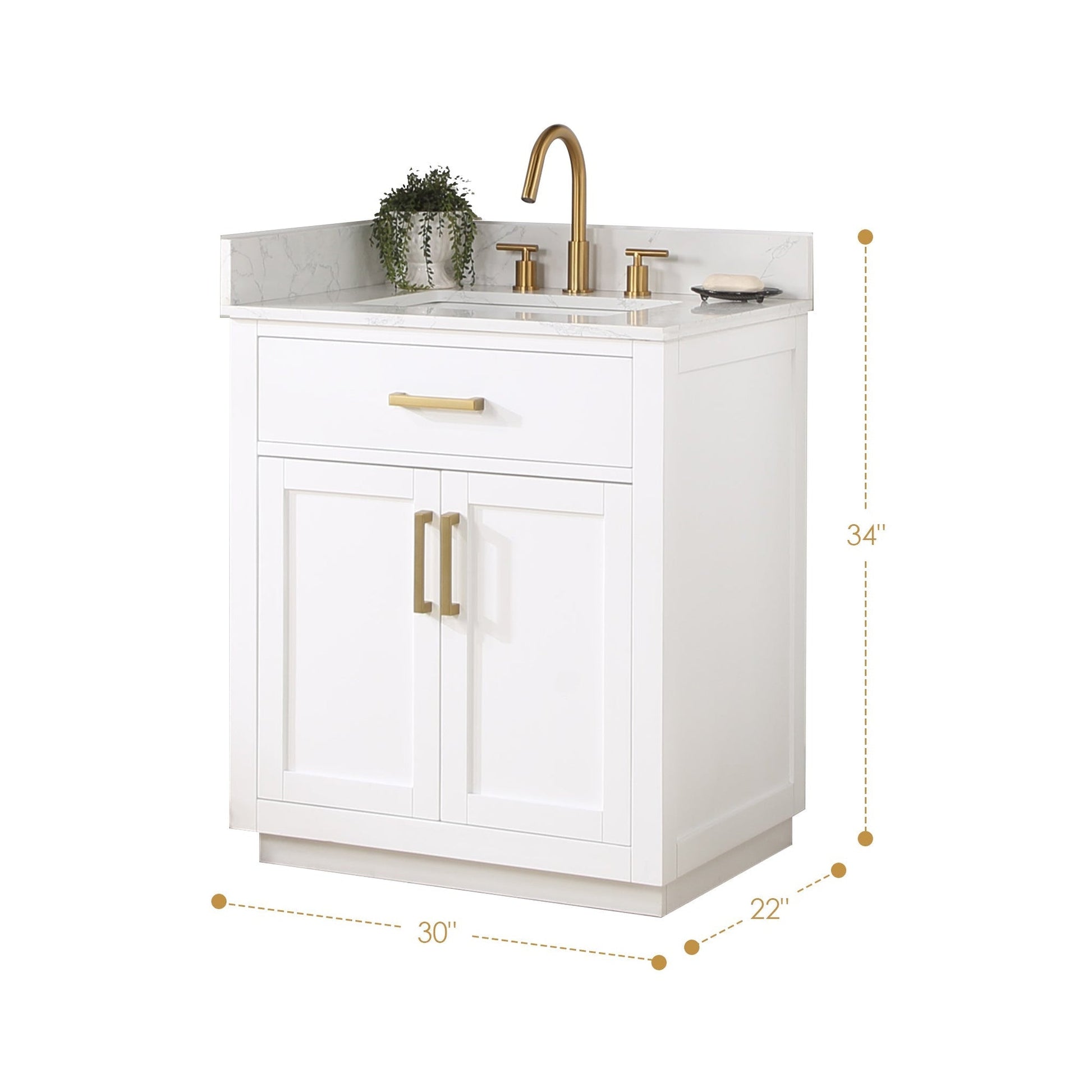 Altair Gavino 30" White Freestanding Single Bathroom Vanity Set With Grain White Composite Stone Top, Single Rectangular Undermount Ceramic Sink, Overflow, Sidesplash, and Backsplash