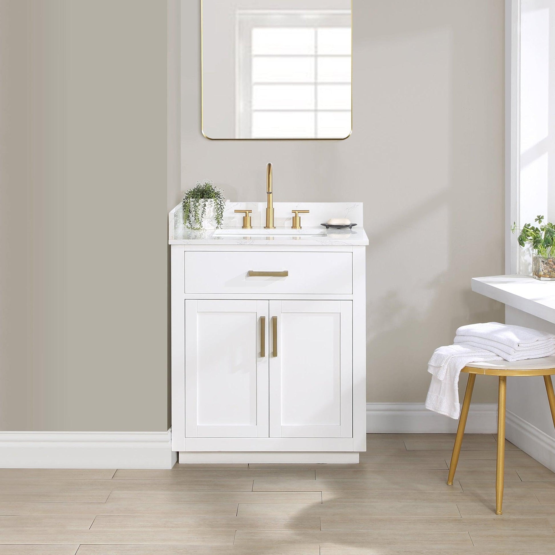 Altair Gavino 30" White Freestanding Single Bathroom Vanity Set With Grain White Composite Stone Top, Single Rectangular Undermount Ceramic Sink, Overflow, Sidesplash, and Backsplash