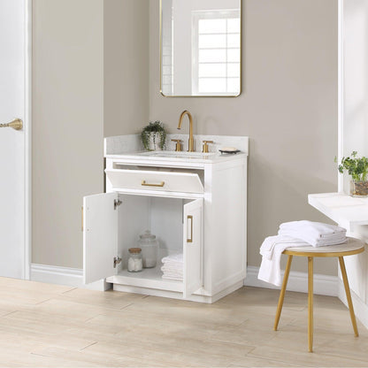 Altair Gavino 30" White Freestanding Single Bathroom Vanity Set With Grain White Composite Stone Top, Single Rectangular Undermount Ceramic Sink, Overflow, Sidesplash, and Backsplash