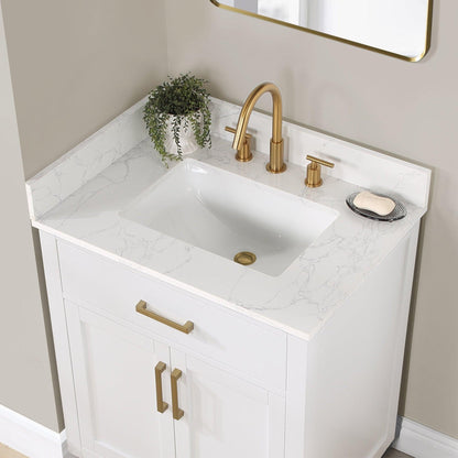 Altair Gavino 30" White Freestanding Single Bathroom Vanity Set With Grain White Composite Stone Top, Single Rectangular Undermount Ceramic Sink, Overflow, Sidesplash, and Backsplash