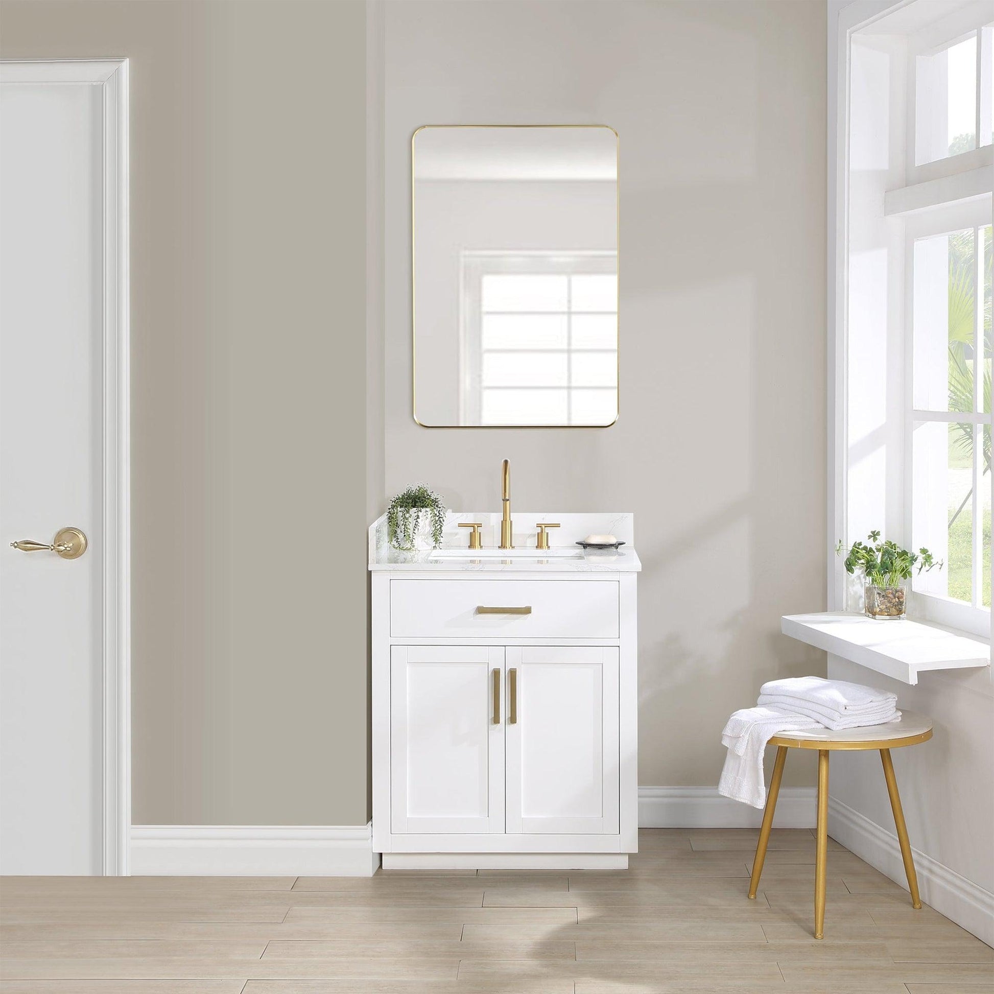 Altair Gavino 30" White Freestanding Single Bathroom Vanity Set With Mirror, Grain White Composite Stone Top, Single Rectangular Undermount Ceramic Sink, Overflow, Sidesplash, and Backsplash