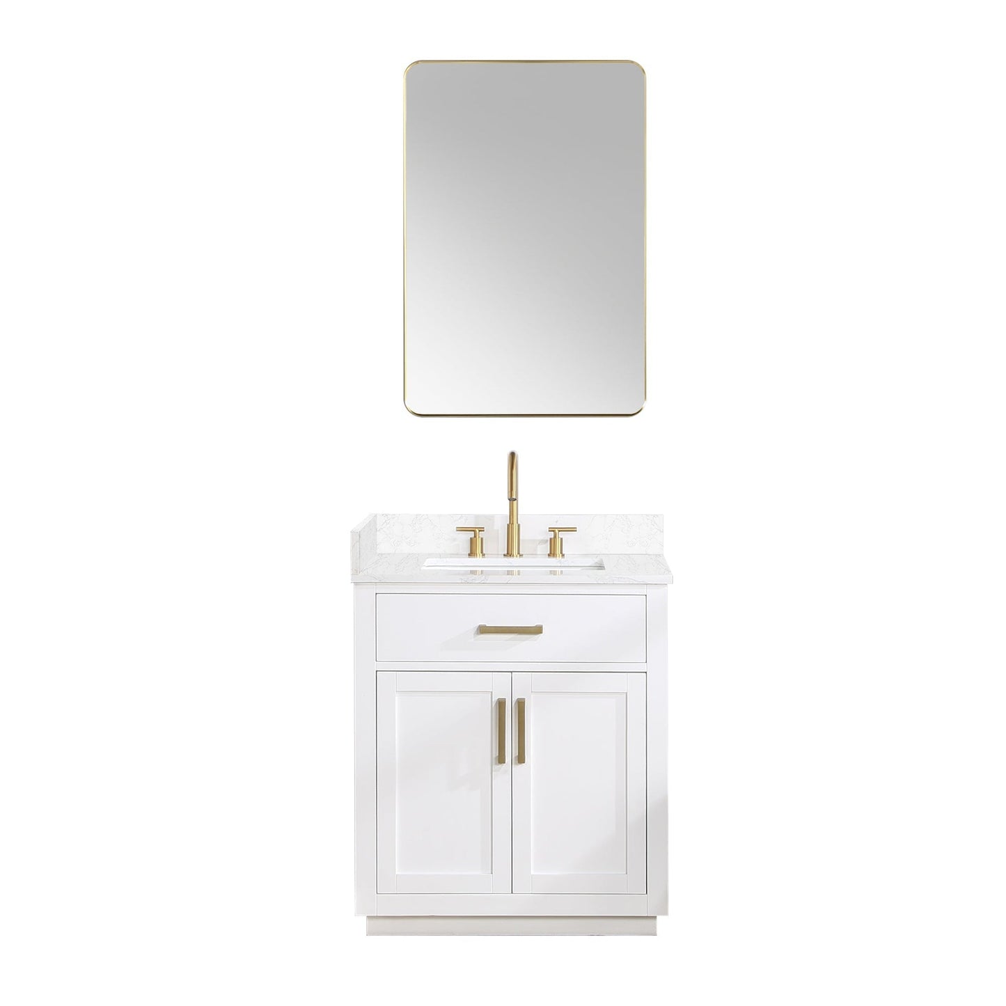 Altair Gavino 30" White Freestanding Single Bathroom Vanity Set With Mirror, Grain White Composite Stone Top, Single Rectangular Undermount Ceramic Sink, Overflow, Sidesplash, and Backsplash