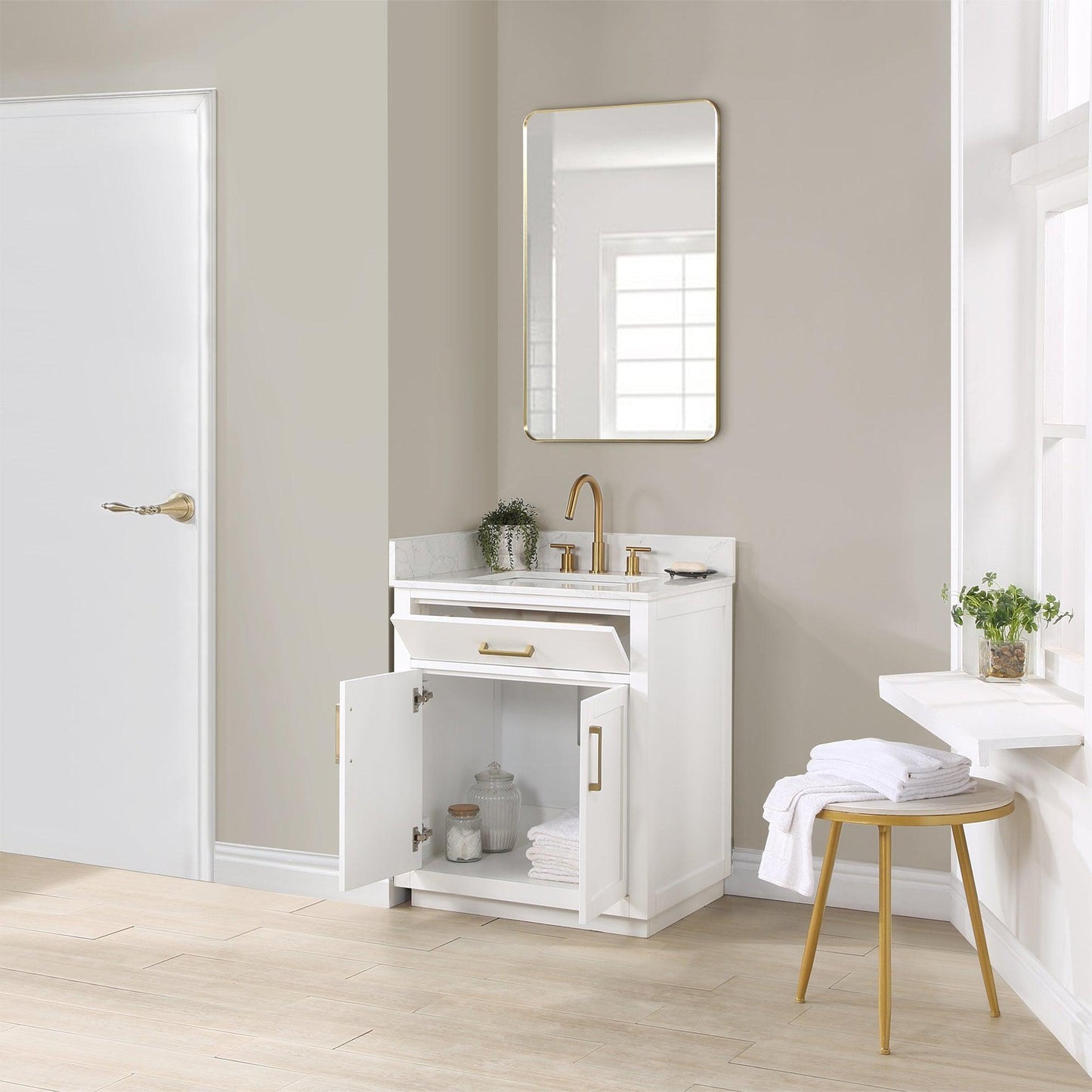 Altair Gavino 30" White Freestanding Single Bathroom Vanity Set With Mirror, Grain White Composite Stone Top, Single Rectangular Undermount Ceramic Sink, Overflow, Sidesplash, and Backsplash