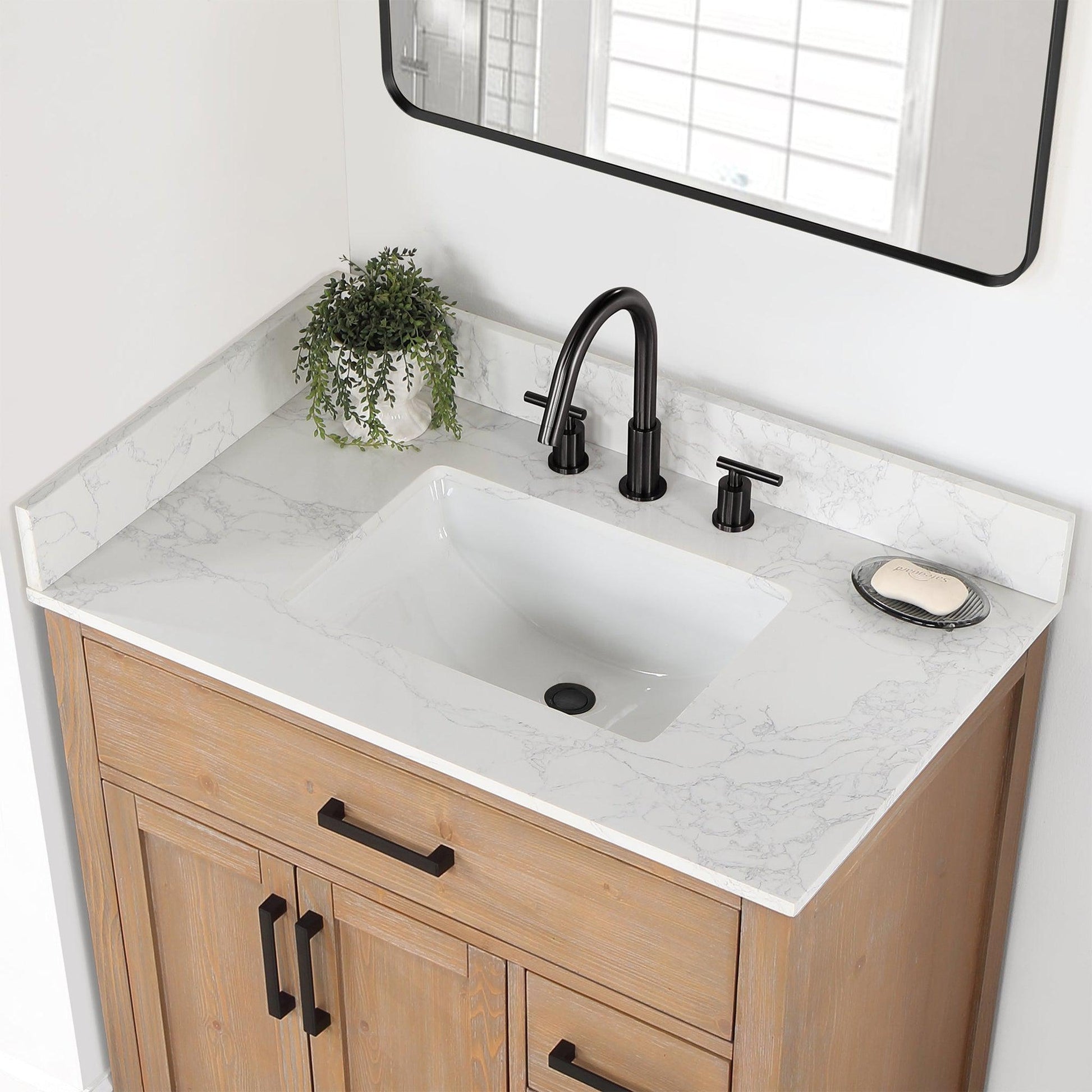 Altair Gavino 36" Light Brown Freestanding Single Bathroom Vanity Set With Grain White Composite Stone Top, Single Rectangular Undermount Ceramic Sink, Overflow, Sidesplash, and Backsplash