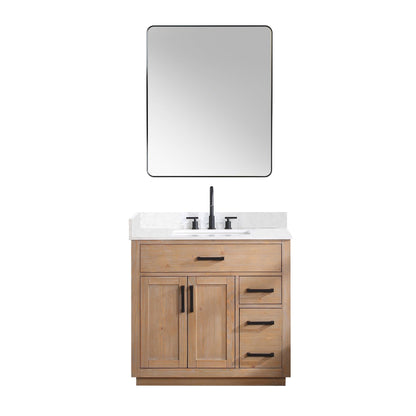 Altair Gavino 36" Light Brown Freestanding Single Bathroom Vanity Set With Mirror, Grain White Composite Stone Top, Single Rectangular Undermount Ceramic Sink, Overflow, Sidesplash, and Backsplash