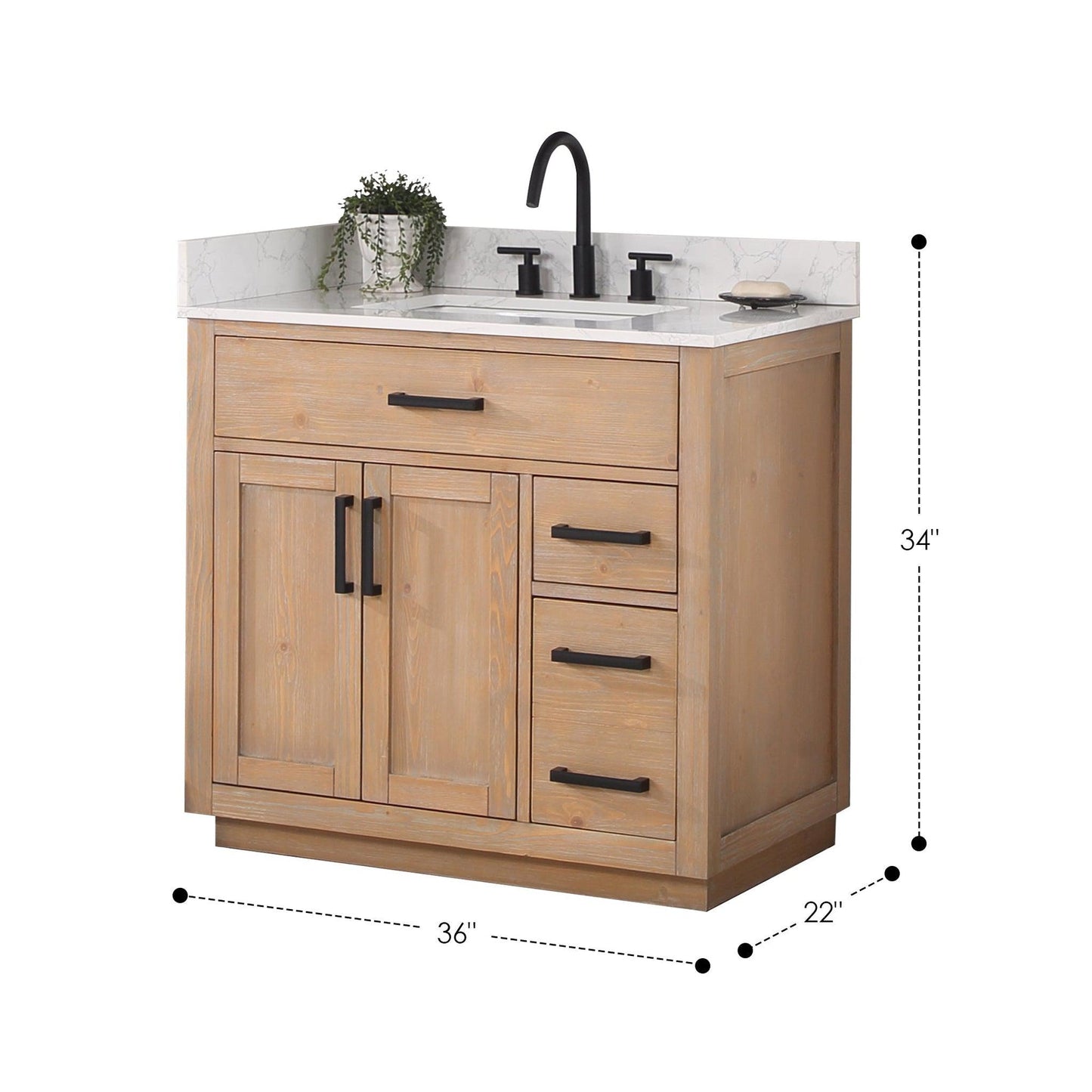 Altair Gavino 36" Light Brown Freestanding Single Bathroom Vanity Set With Mirror, Grain White Composite Stone Top, Single Rectangular Undermount Ceramic Sink, Overflow, Sidesplash, and Backsplash
