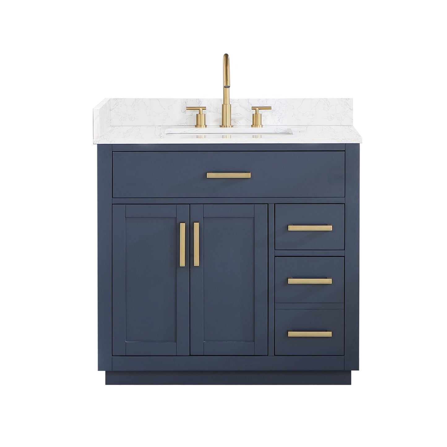 Altair Gavino 36" Royal Blue Freestanding Single Bathroom Vanity Set With Grain White Composite Stone Top, Single Rectangular Undermount Ceramic Sink, Overflow, Sidesplash, and Backsplash