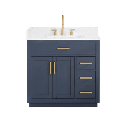 Altair Gavino 36" Royal Blue Freestanding Single Bathroom Vanity Set With Grain White Composite Stone Top, Single Rectangular Undermount Ceramic Sink, Overflow, Sidesplash, and Backsplash