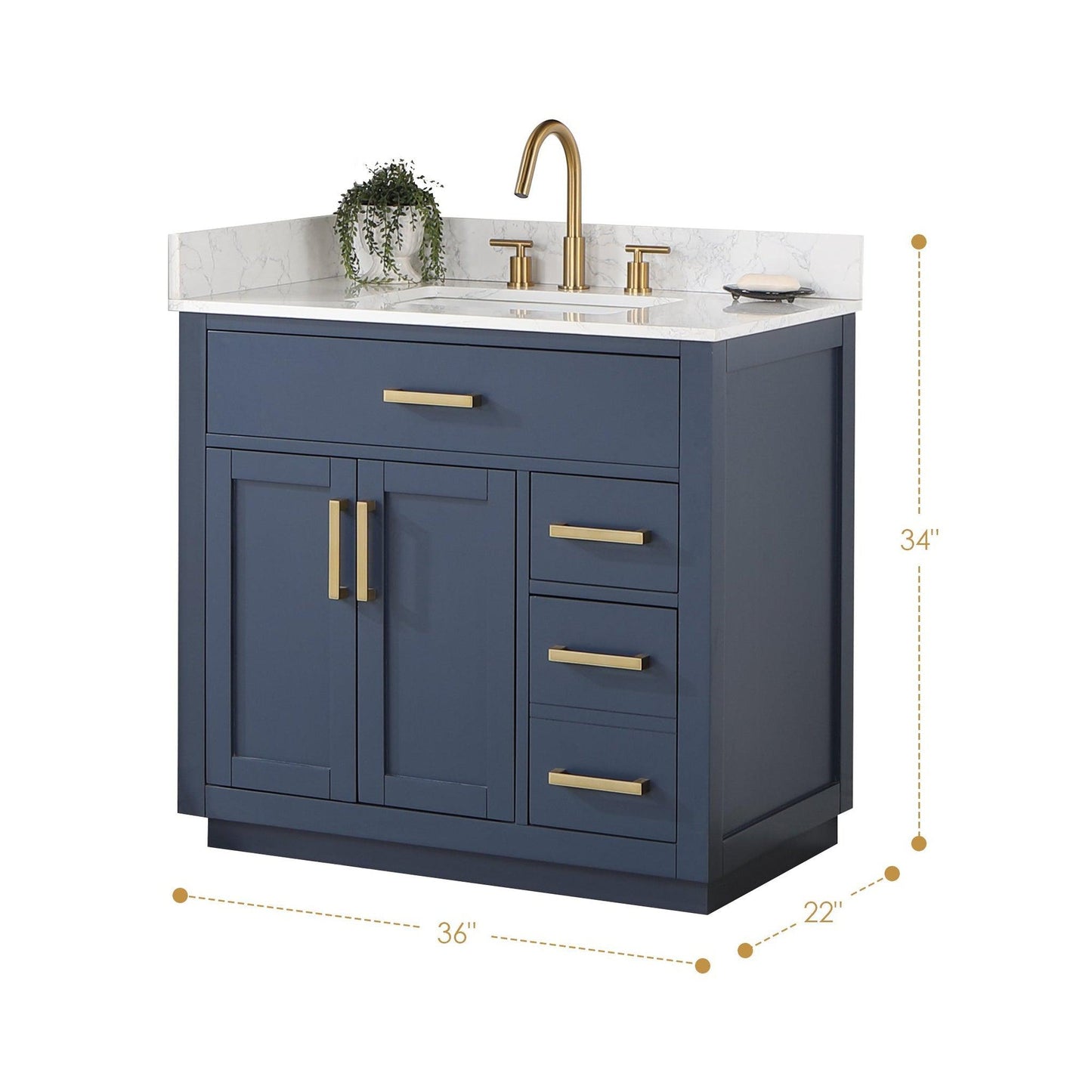 Altair Gavino 36" Royal Blue Freestanding Single Bathroom Vanity Set With Grain White Composite Stone Top, Single Rectangular Undermount Ceramic Sink, Overflow, Sidesplash, and Backsplash