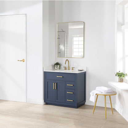 Altair Gavino 36" Royal Blue Freestanding Single Bathroom Vanity Set With Grain White Composite Stone Top, Single Rectangular Undermount Ceramic Sink, Overflow, Sidesplash, and Backsplash