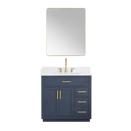 Altair Gavino 36" Royal Blue Freestanding Single Bathroom Vanity Set With Mirror, Grain White Composite Stone Top, Single Rectangular Undermount Ceramic Sink, Overflow, Sidesplash, and Backsplash