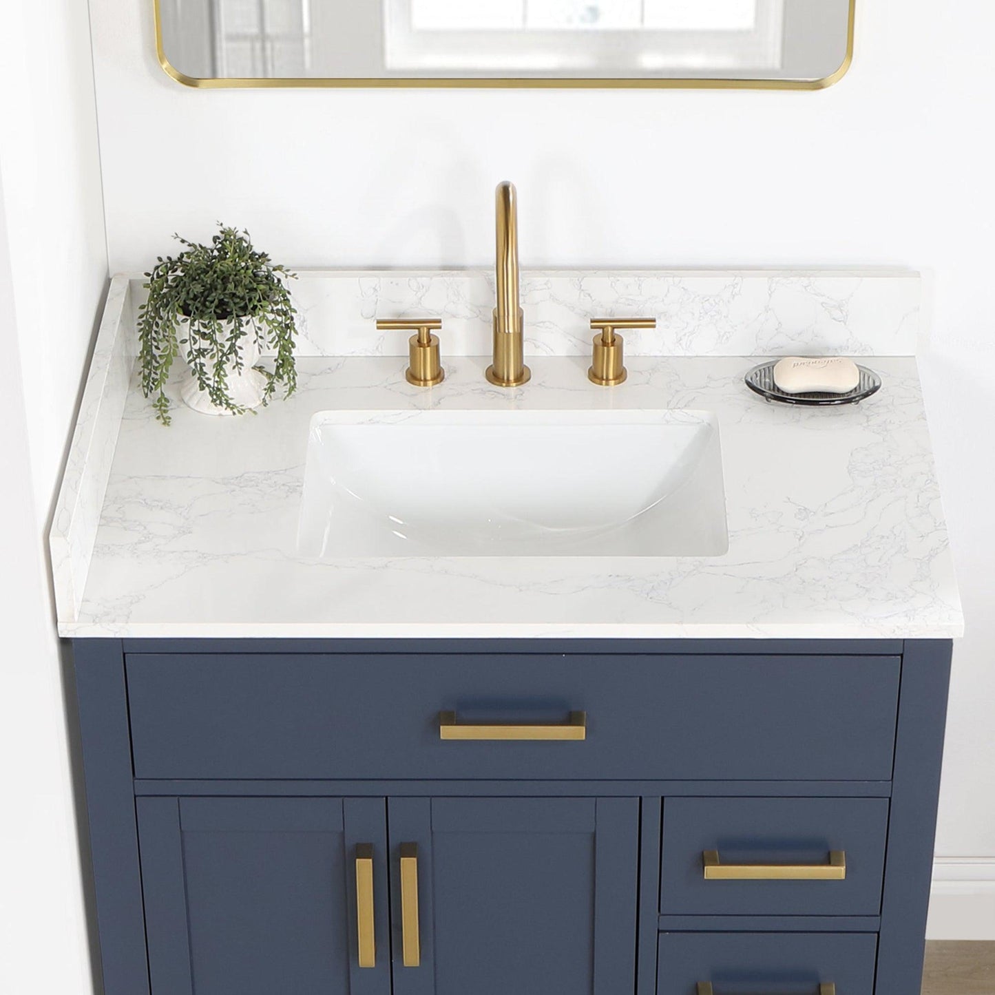 Altair Gavino 36" Royal Blue Freestanding Single Bathroom Vanity Set With Mirror, Grain White Composite Stone Top, Single Rectangular Undermount Ceramic Sink, Overflow, Sidesplash, and Backsplash