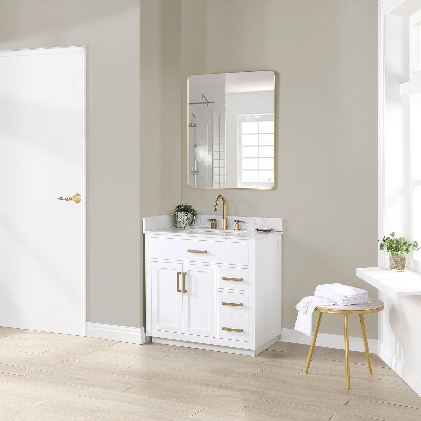 Altair Gavino 36" White Freestanding Single Bathroom Vanity Set With Grain White Composite Stone Top, Single Rectangular Undermount Ceramic Sink, Overflow, Sidesplash, and Backsplash