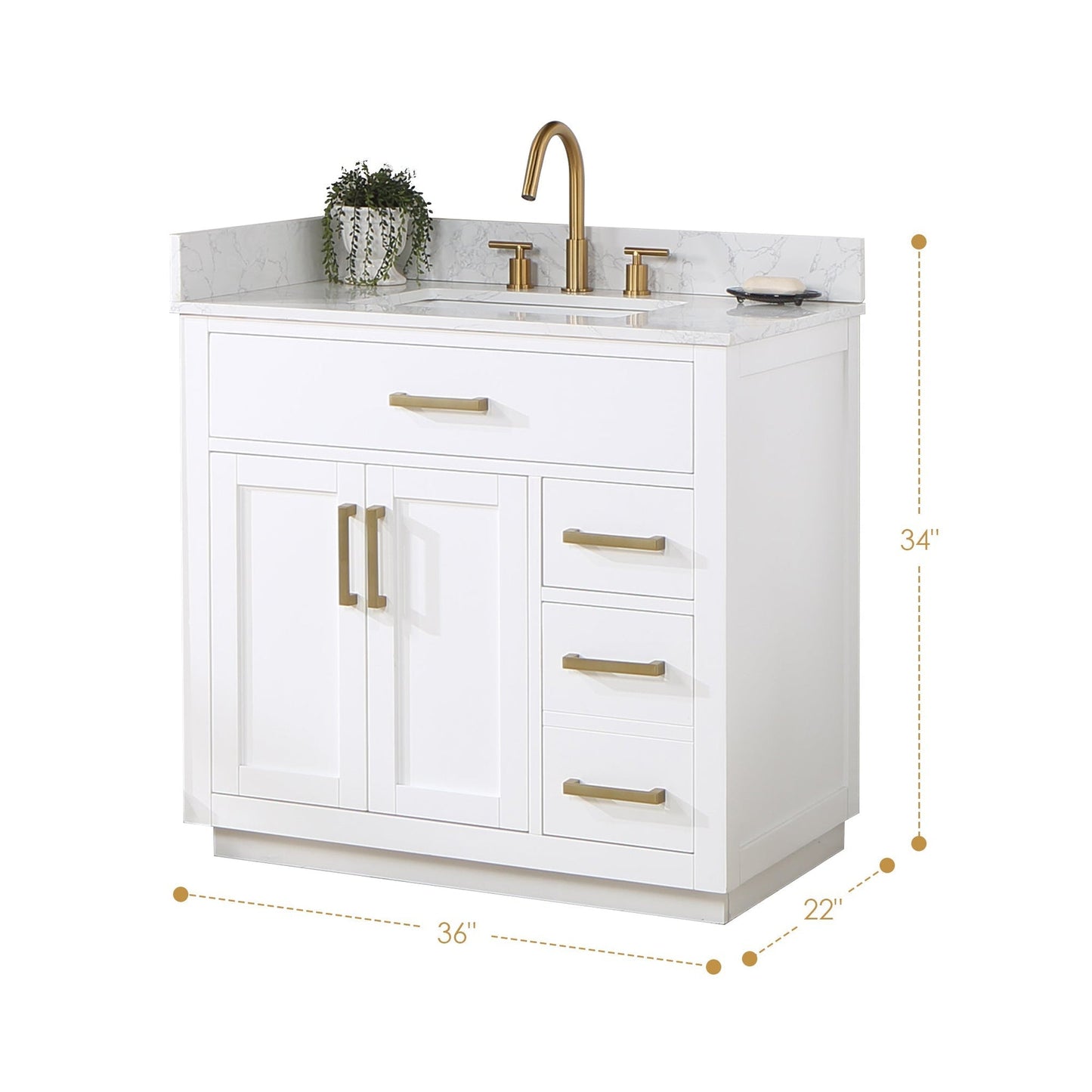 Altair Gavino 36" White Freestanding Single Bathroom Vanity Set With Grain White Composite Stone Top, Single Rectangular Undermount Ceramic Sink, Overflow, Sidesplash, and Backsplash