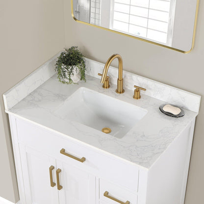 Altair Gavino 36" White Freestanding Single Bathroom Vanity Set With Grain White Composite Stone Top, Single Rectangular Undermount Ceramic Sink, Overflow, Sidesplash, and Backsplash