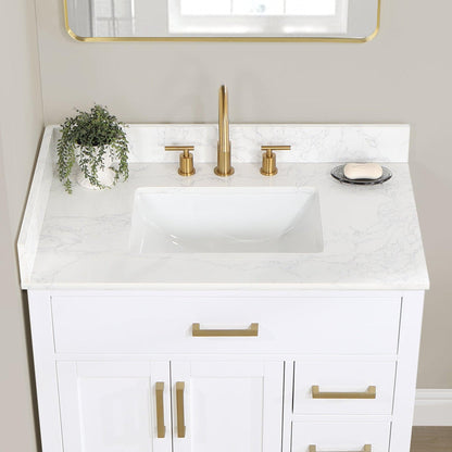 Altair Gavino 36" White Freestanding Single Bathroom Vanity Set With Grain White Composite Stone Top, Single Rectangular Undermount Ceramic Sink, Overflow, Sidesplash, and Backsplash