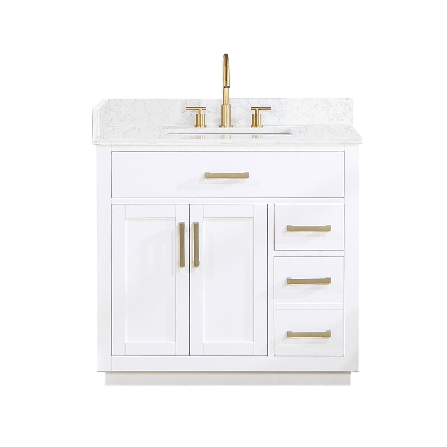 Altair Gavino 36" White Freestanding Single Bathroom Vanity Set With Grain White Composite Stone Top, Single Rectangular Undermount Ceramic Sink, Overflow, Sidesplash, and Backsplash