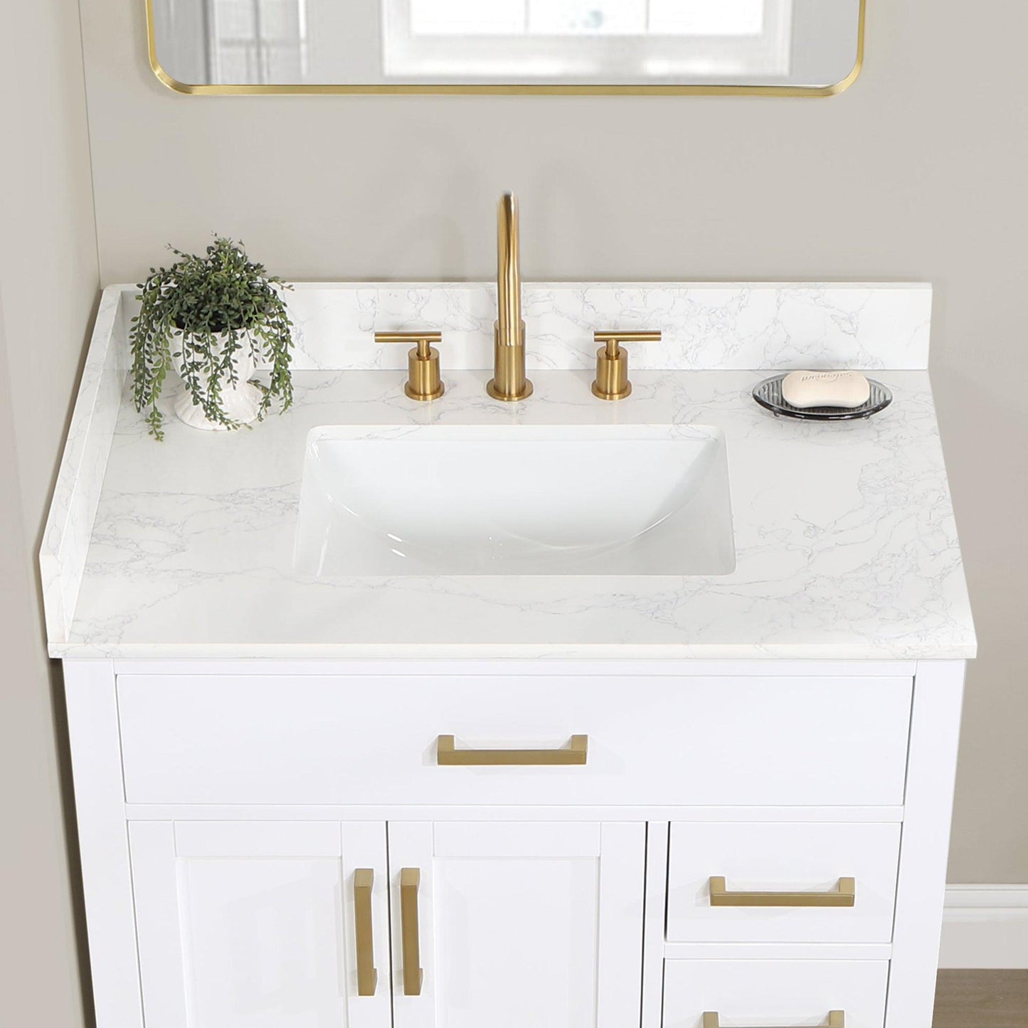 Altair Gavino 36" White Freestanding Single Bathroom Vanity Set With Mirror, Grain White Composite Stone Top, Single Rectangular Undermount Ceramic Sink, Overflow, Sidesplash, and Backsplash