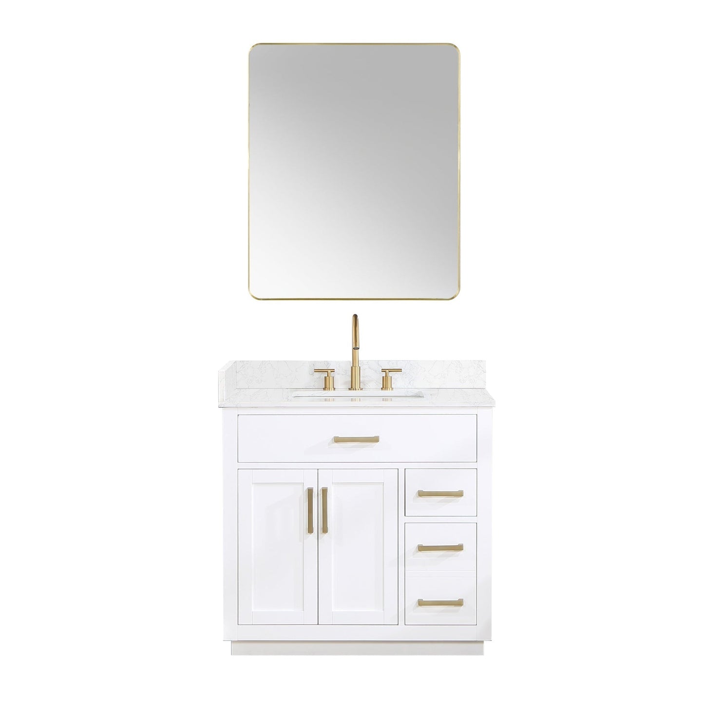 Altair Gavino 36" White Freestanding Single Bathroom Vanity Set With Mirror, Grain White Composite Stone Top, Single Rectangular Undermount Ceramic Sink, Overflow, Sidesplash, and Backsplash