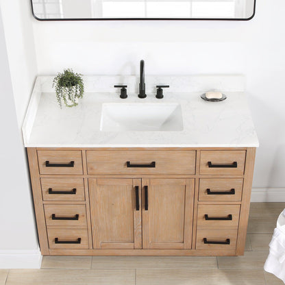 Altair Gavino 48" Light Brown Freestanding Single Bathroom Vanity Set With Mirror, Grain White Composite Stone Top, Single Rectangular Undermount Ceramic Sink, Overflow, Sidesplash, and Backsplash