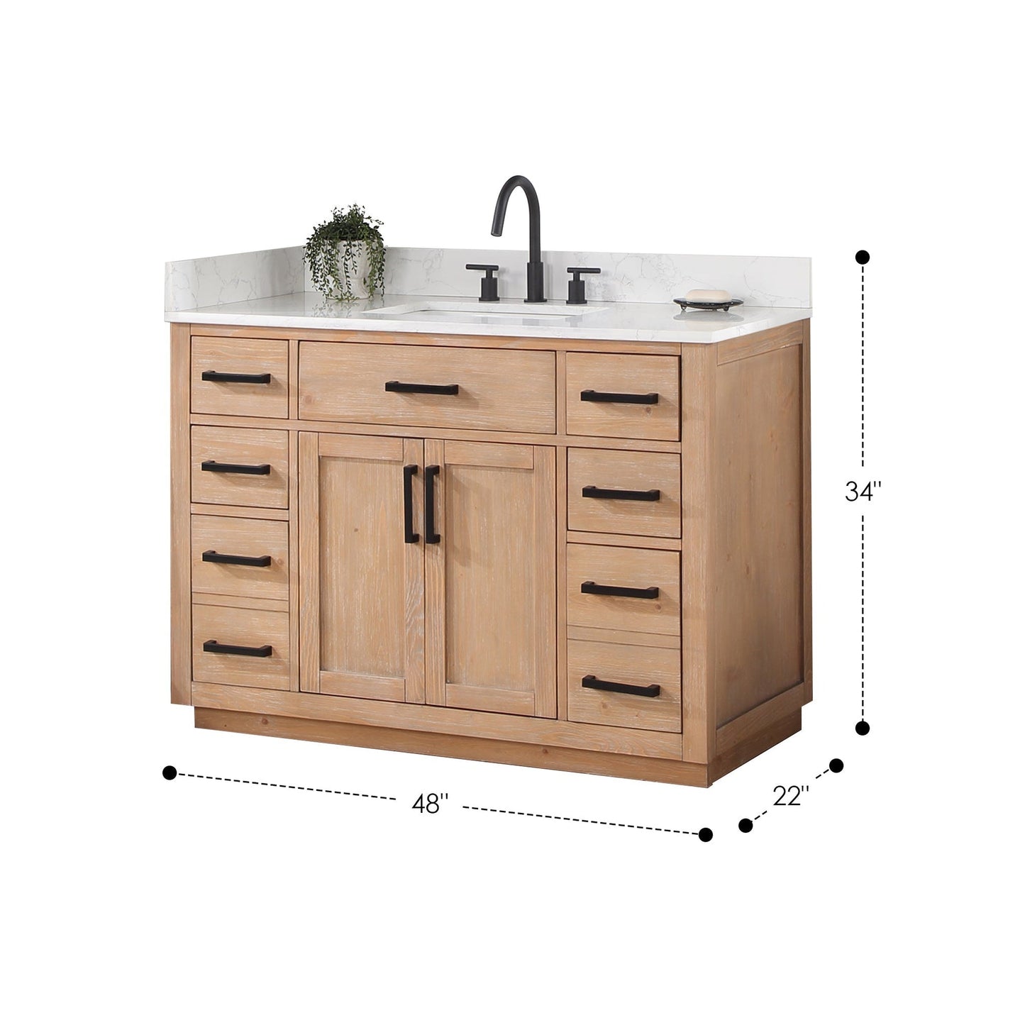 Altair Gavino 48" Light Brown Freestanding Single Bathroom Vanity Set With Mirror, Grain White Composite Stone Top, Single Rectangular Undermount Ceramic Sink, Overflow, Sidesplash, and Backsplash