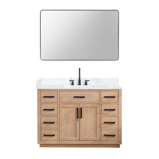 Altair Gavino 48" Light Brown Freestanding Single Bathroom Vanity Set With Mirror, Grain White Composite Stone Top, Single Rectangular Undermount Ceramic Sink, Overflow, Sidesplash, and Backsplash