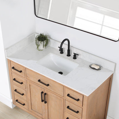 Altair Gavino 48" Light Brown Freestanding Single Bathroom Vanity Set With Mirror, Grain White Composite Stone Top, Single Rectangular Undermount Ceramic Sink, Overflow, Sidesplash, and Backsplash