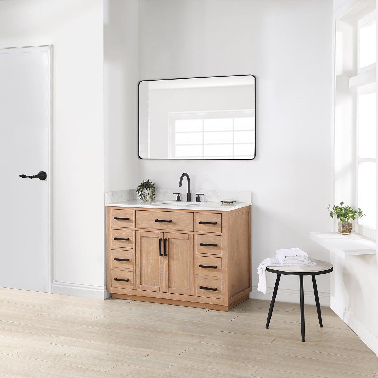 Altair Gavino 48" Light Brown Freestanding Single Bathroom Vanity Set With Mirror, Grain White Composite Stone Top, Single Rectangular Undermount Ceramic Sink, Overflow, Sidesplash, and Backsplash