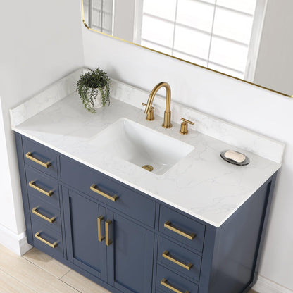 Altair Gavino 48" Royal Blue Freestanding Single Bathroom Vanity Set With Mirror, Grain White Composite Stone Top, Single Rectangular Undermount Ceramic Sink, Overflow, Sidesplash, and Backsplash