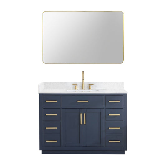 Altair Gavino 48" Royal Blue Freestanding Single Bathroom Vanity Set With Mirror, Grain White Composite Stone Top, Single Rectangular Undermount Ceramic Sink, Overflow, Sidesplash, and Backsplash